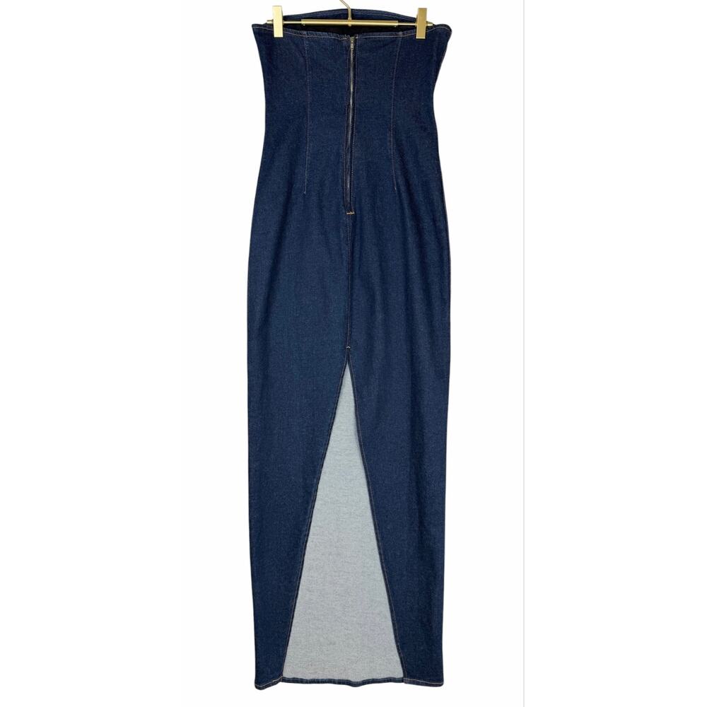 GRLFRND Lena Colum Denim Maxi Dress Dark Wash Small Strapless Classy Chic Date - Picture 5 of 11